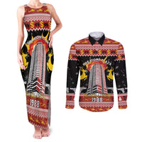 Personalized Nakatomi Plaza Couples Matching Tank Maxi Dress and Long Sleeve Button Shirt Christmas Party 1988 - Wonder Print Shop