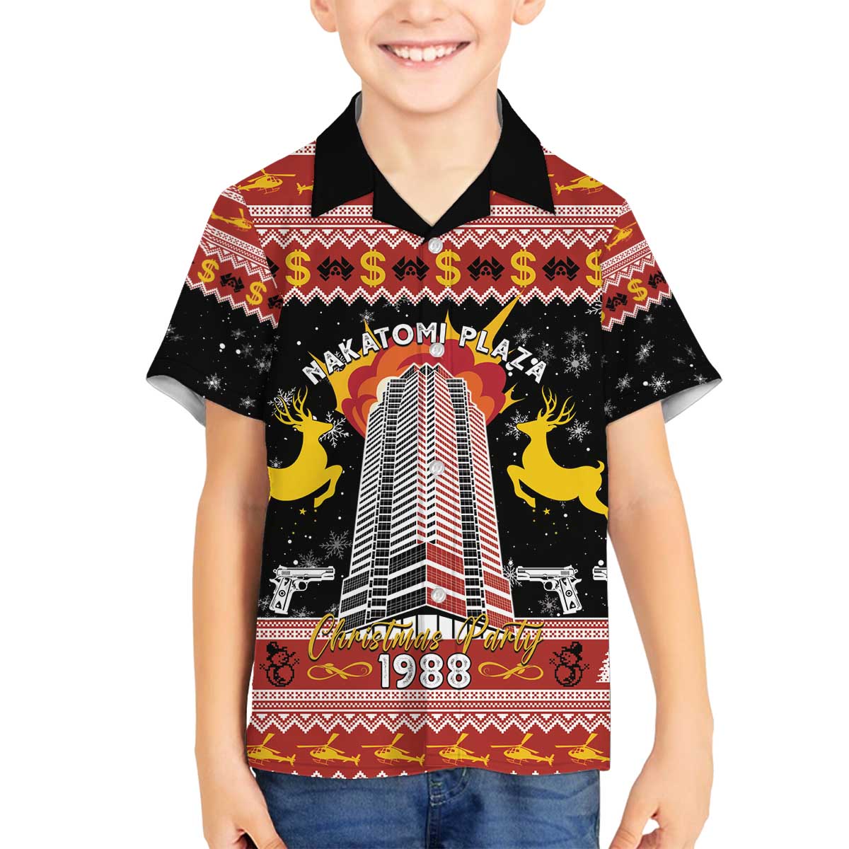 Personalized Nakatomi Plaza Family Matching Off The Shoulder Long Sleeve Dress and Hawaiian Shirt Christmas Party 1988 - Wonder Print Shop