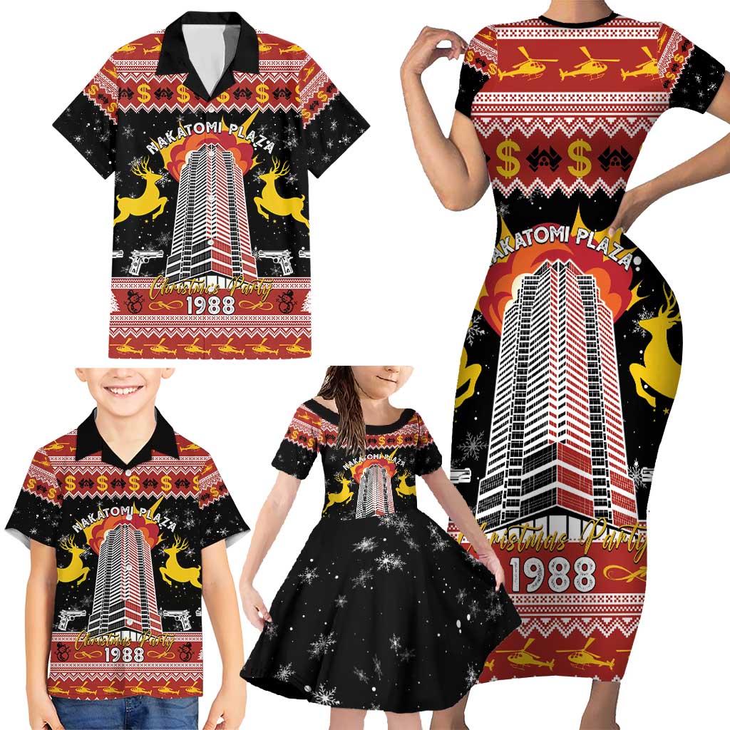 Personalized Nakatomi Plaza Family Matching Short Sleeve Bodycon Dress and Hawaiian Shirt Christmas Party 1988 - Wonder Print Shop