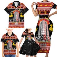 Personalized Nakatomi Plaza Family Matching Short Sleeve Bodycon Dress and Hawaiian Shirt Christmas Party 1988 - Wonder Print Shop