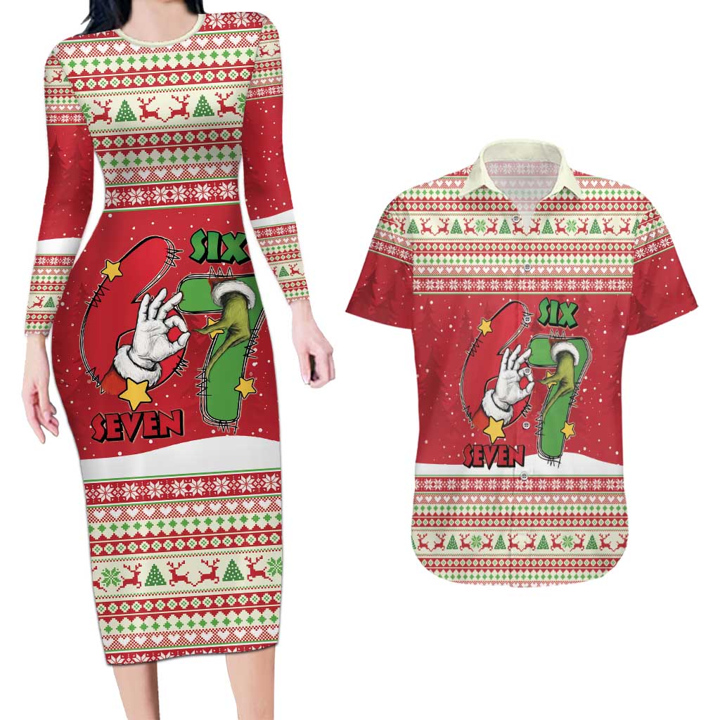 Funny Six Seven Meme Christmas Couples Matching Long Sleeve Bodycon Dress and Hawaiian Shirt Merry 67 Mas - Wonder Print Shop