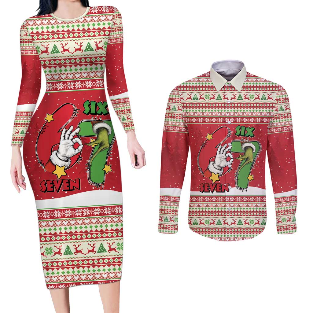 Funny Six Seven Meme Christmas Couples Matching Long Sleeve Bodycon Dress and Long Sleeve Button Shirt Merry 67 Mas - Wonder Print Shop
