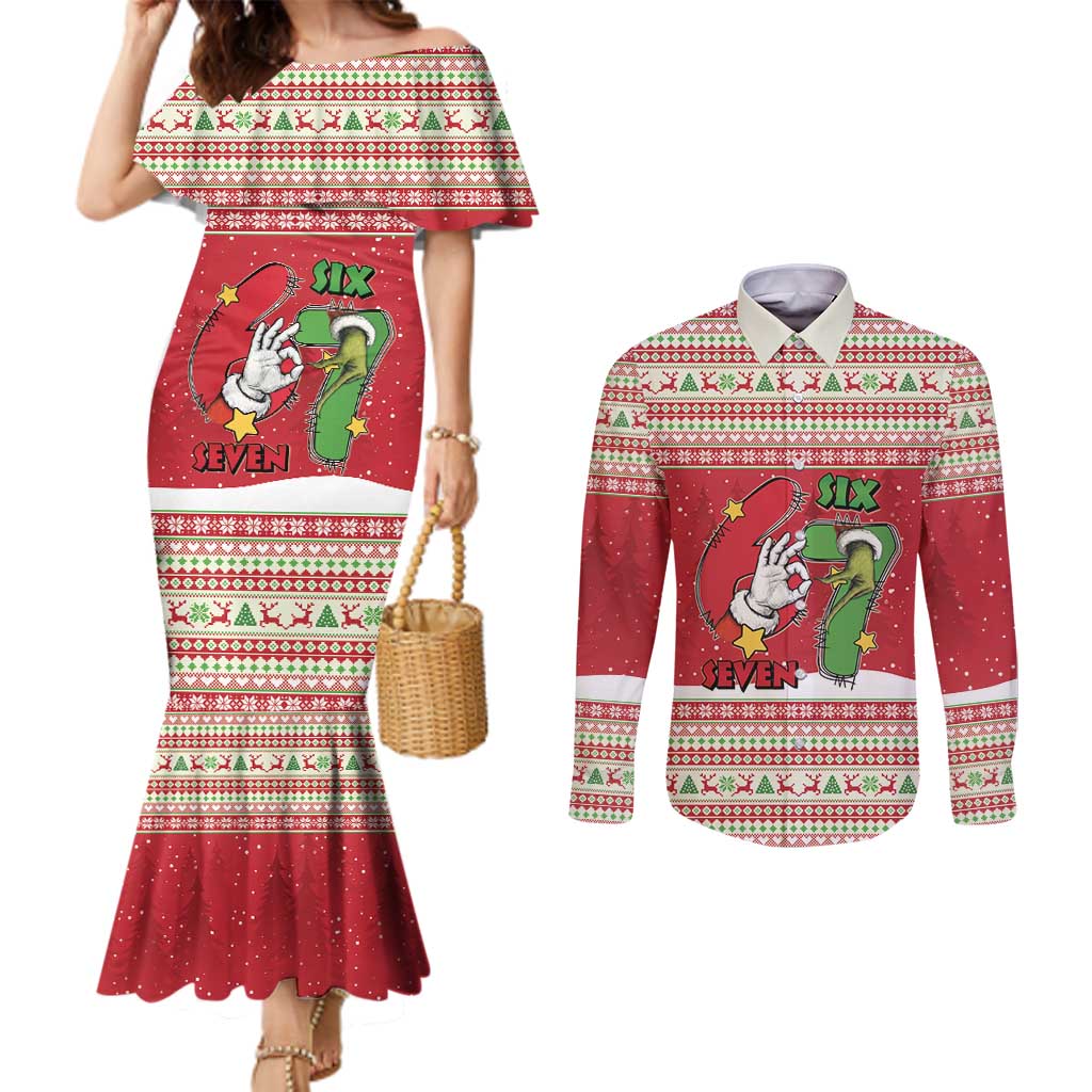 Funny Six Seven Meme Christmas Couples Matching Mermaid Dress and Long Sleeve Button Shirt Merry 67 Mas - Wonder Print Shop