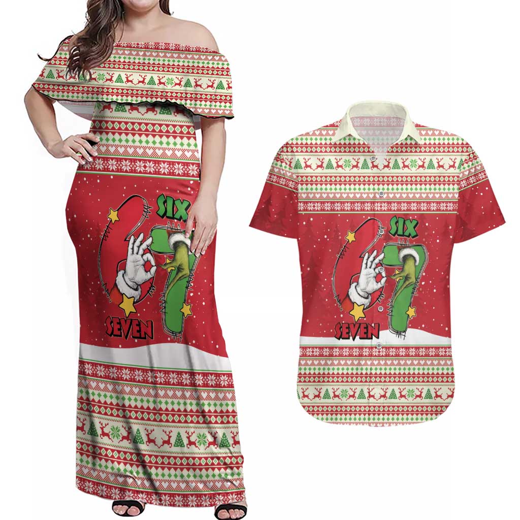 Funny Six Seven Meme Christmas Couples Matching Off Shoulder Maxi Dress and Hawaiian Shirt Merry 67 Mas - Wonder Print Shop