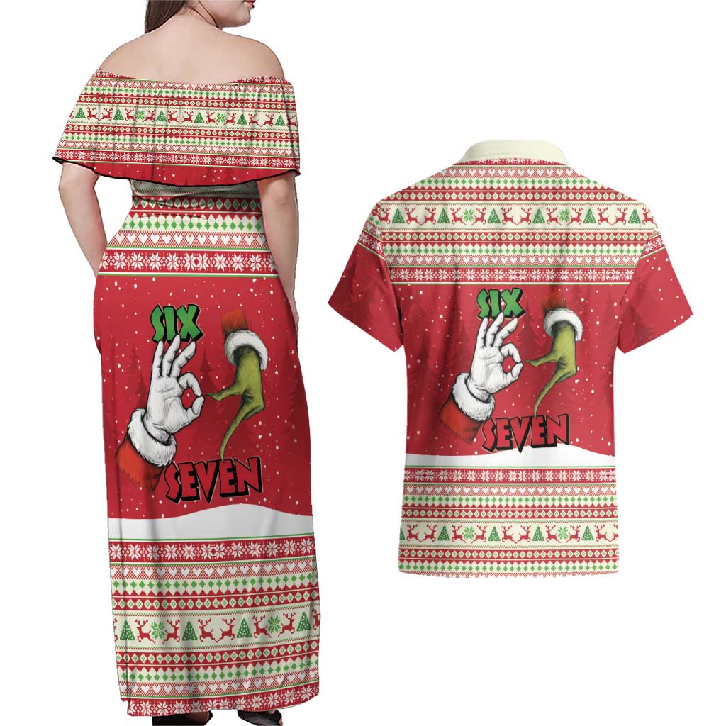 Funny Six Seven Meme Christmas Couples Matching Off Shoulder Maxi Dress and Hawaiian Shirt Merry 67 Mas - Wonder Print Shop