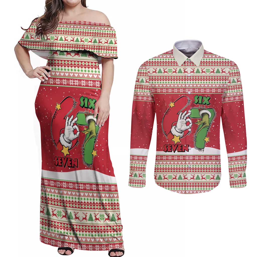 Funny Six Seven Meme Christmas Couples Matching Off Shoulder Maxi Dress and Long Sleeve Button Shirt Merry 67 Mas - Wonder Print Shop