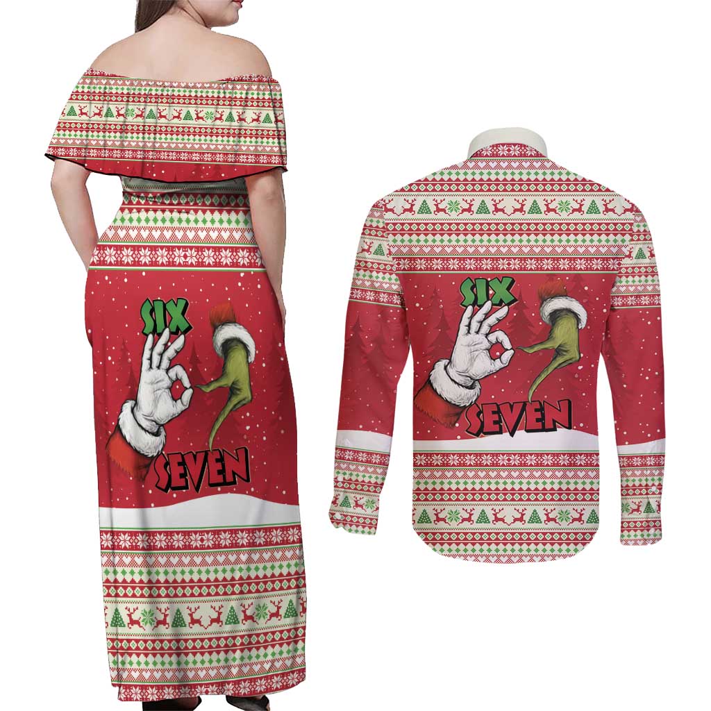Funny Six Seven Meme Christmas Couples Matching Off Shoulder Maxi Dress and Long Sleeve Button Shirt Merry 67 Mas - Wonder Print Shop
