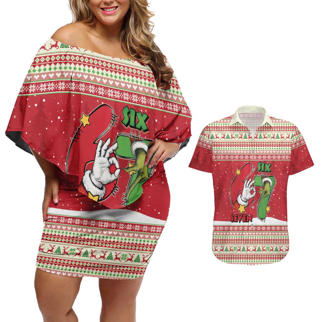 Funny Six Seven Meme Christmas Couples Matching Off Shoulder Short Dress and Hawaiian Shirt Merry 67 Mas - Wonder Print Shop