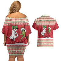 Funny Six Seven Meme Christmas Couples Matching Off Shoulder Short Dress and Hawaiian Shirt Merry 67 Mas - Wonder Print Shop