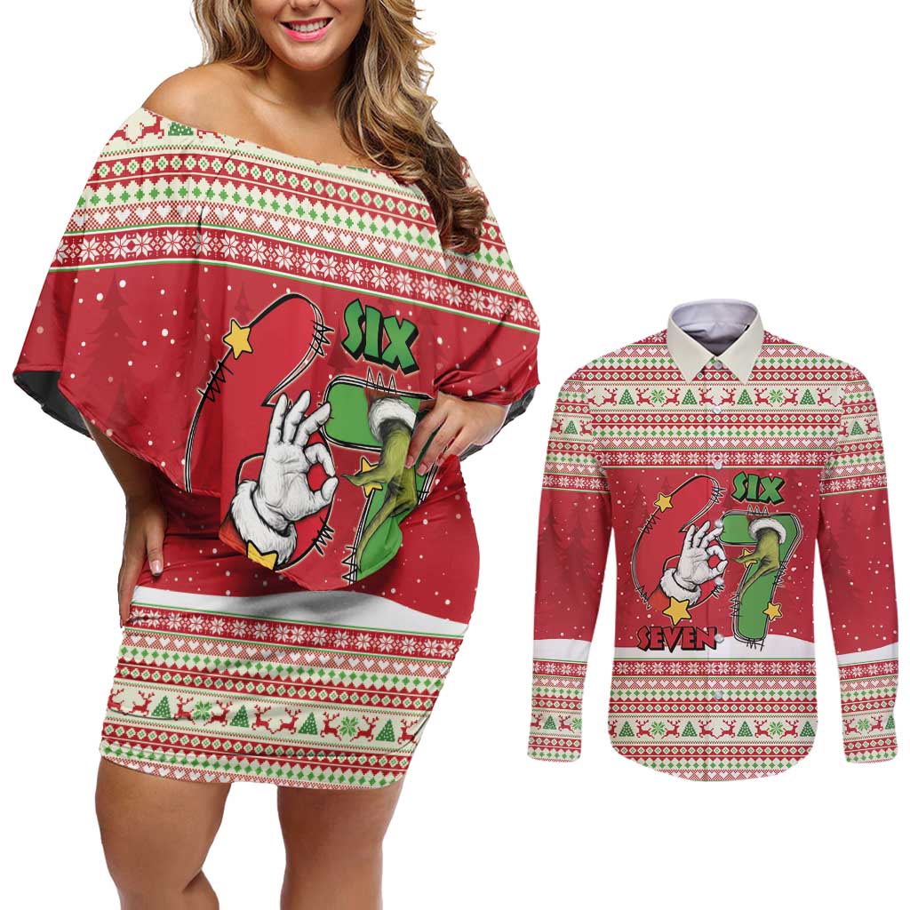 Funny Six Seven Meme Christmas Couples Matching Off Shoulder Short Dress and Long Sleeve Button Shirt Merry 67 Mas - Wonder Print Shop