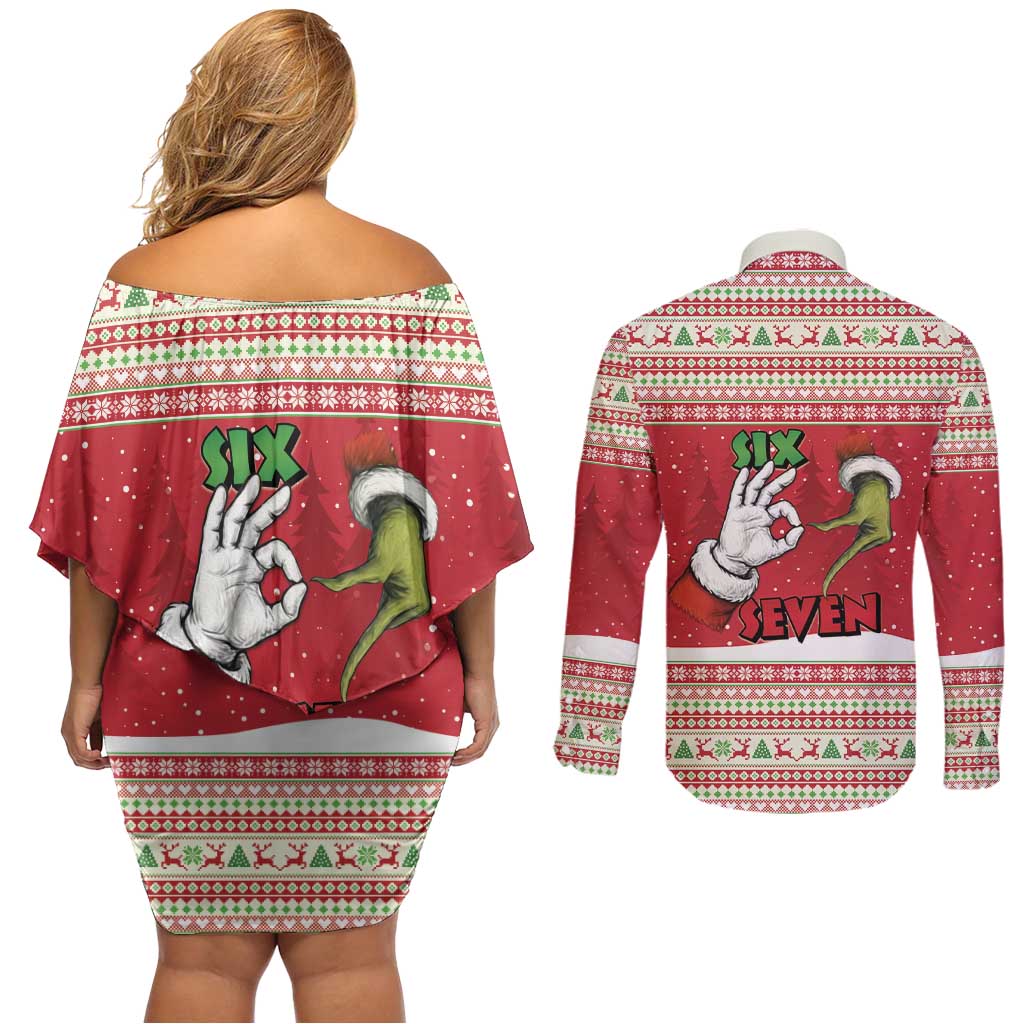 Funny Six Seven Meme Christmas Couples Matching Off Shoulder Short Dress and Long Sleeve Button Shirt Merry 67 Mas - Wonder Print Shop