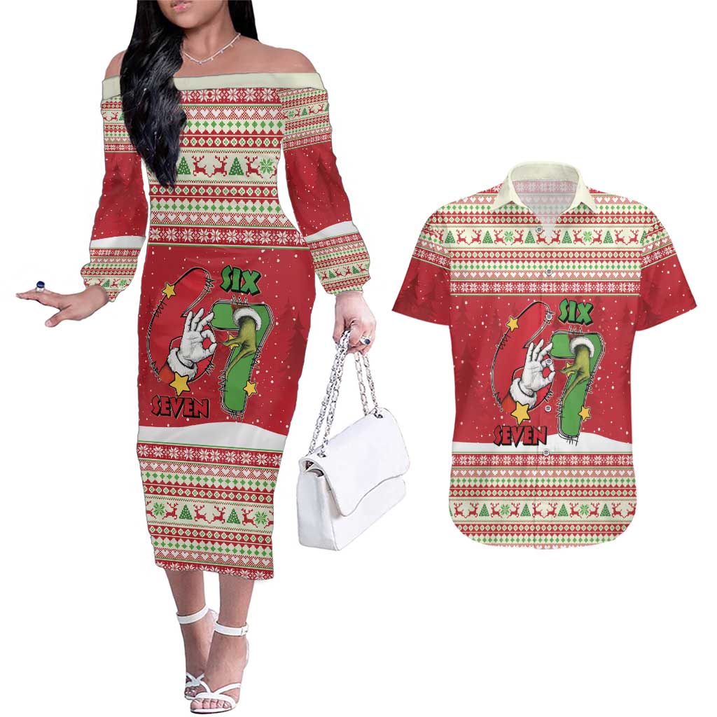 Funny Six Seven Meme Christmas Couples Matching Off The Shoulder Long Sleeve Dress and Hawaiian Shirt Merry 67 Mas - Wonder Print Shop