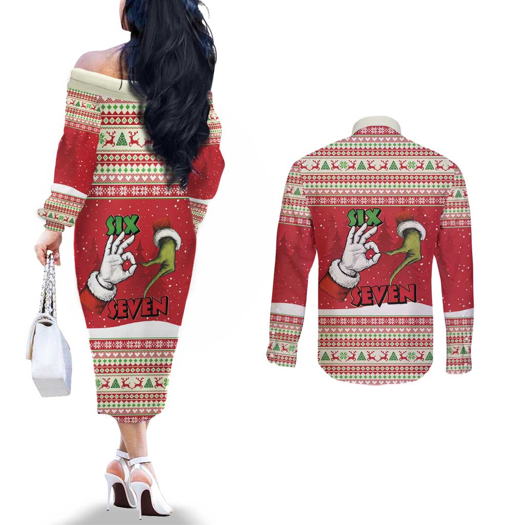 Funny Six Seven Meme Christmas Couples Matching Off The Shoulder Long Sleeve Dress and Long Sleeve Button Shirt Merry 67 Mas - Wonder Print Shop