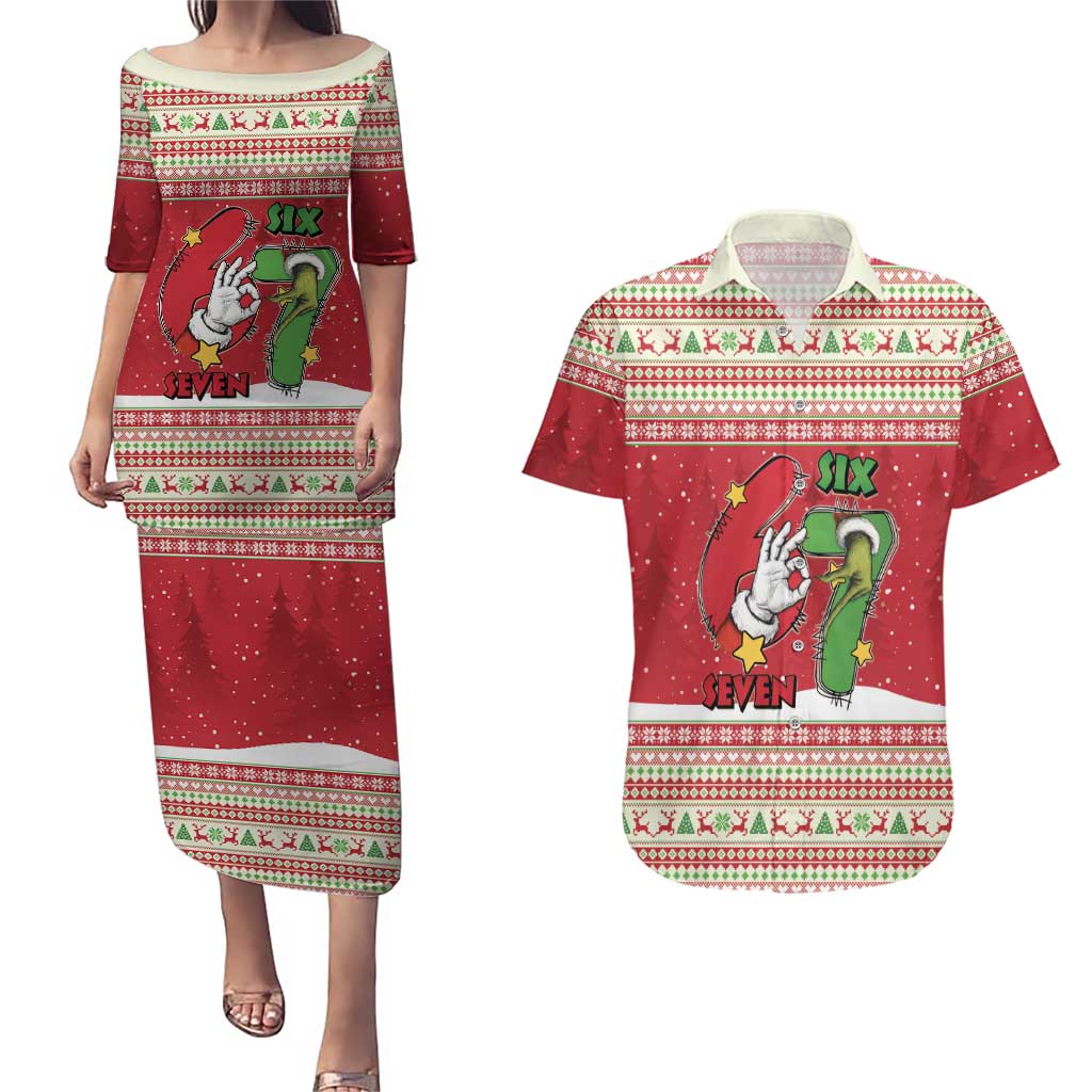 Funny Six Seven Meme Christmas Couples Matching Puletasi and Hawaiian Shirt Merry 67 Mas - Wonder Print Shop