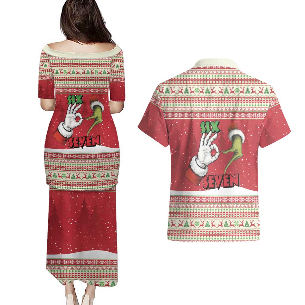 Funny Six Seven Meme Christmas Couples Matching Puletasi and Hawaiian Shirt Merry 67 Mas - Wonder Print Shop