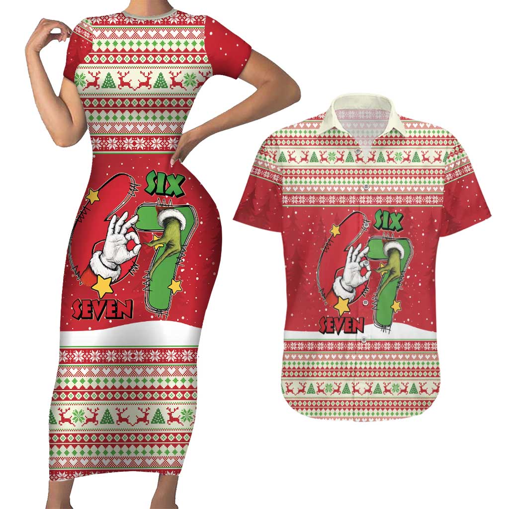 Funny Six Seven Meme Christmas Couples Matching Short Sleeve Bodycon Dress and Hawaiian Shirt Merry 67 Mas - Wonder Print Shop