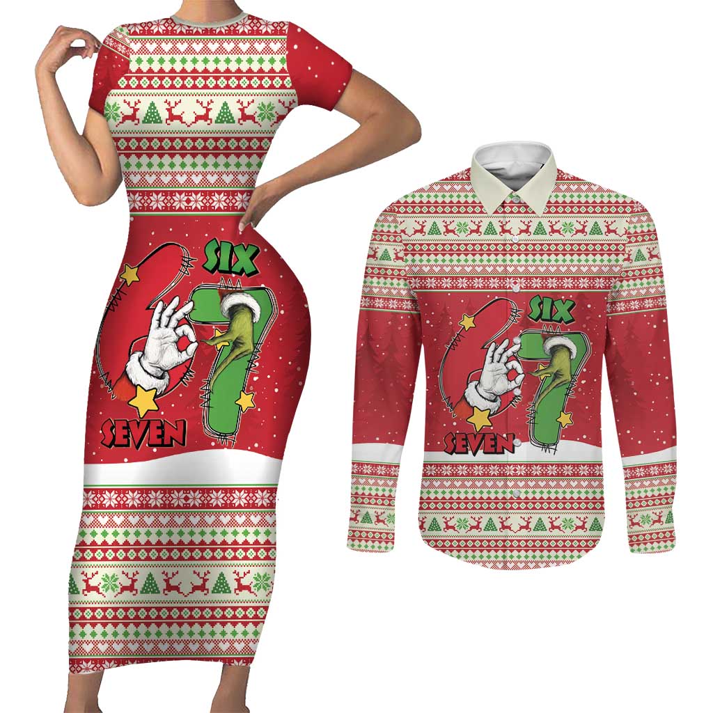 Funny Six Seven Meme Christmas Couples Matching Short Sleeve Bodycon Dress and Long Sleeve Button Shirt Merry 67 Mas - Wonder Print Shop