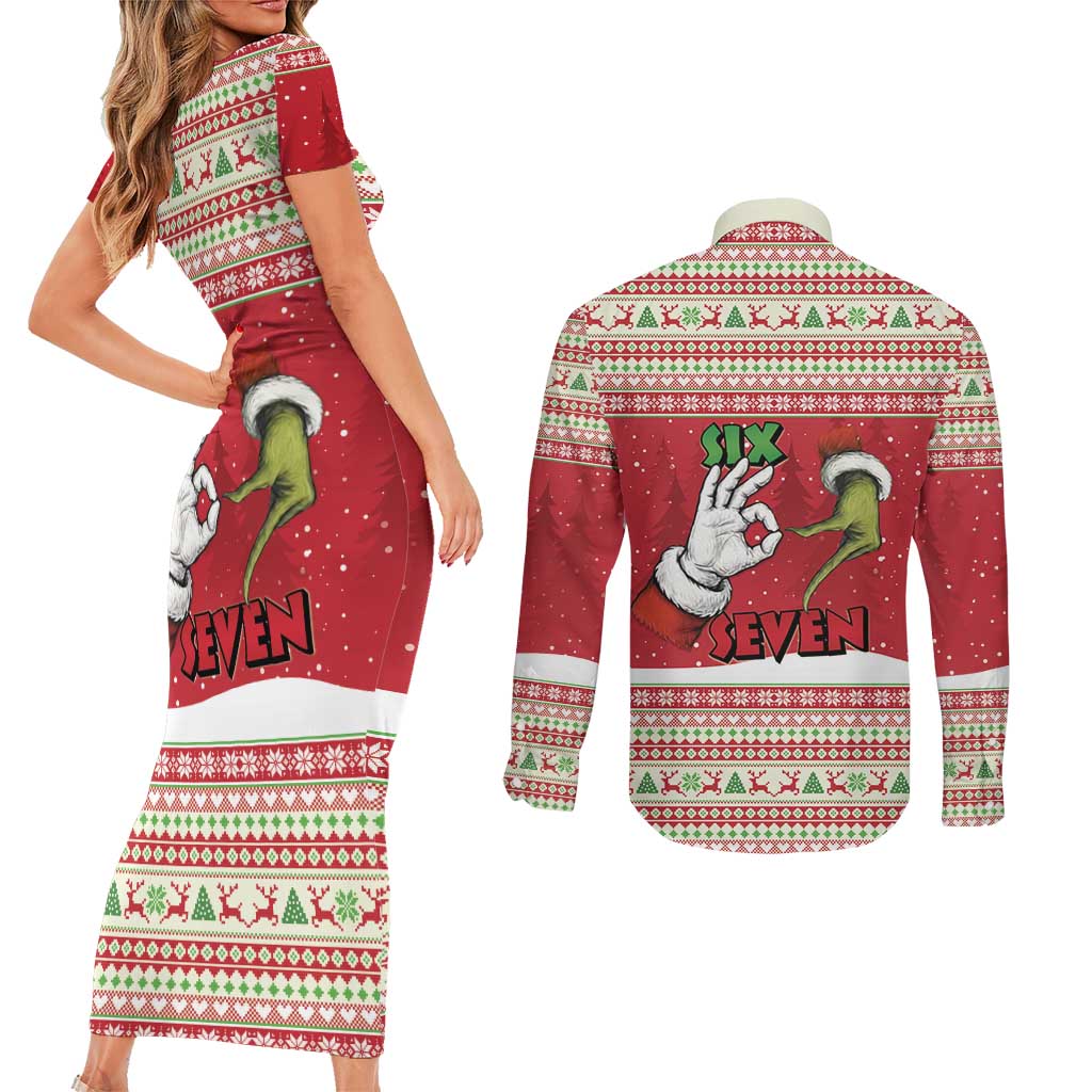 Funny Six Seven Meme Christmas Couples Matching Short Sleeve Bodycon Dress and Long Sleeve Button Shirt Merry 67 Mas - Wonder Print Shop