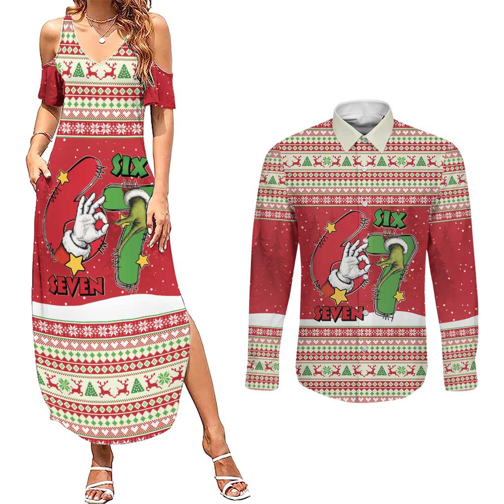 Funny Six Seven Meme Christmas Couples Matching Summer Maxi Dress and Long Sleeve Button Shirt Merry 67 Mas - Wonder Print Shop