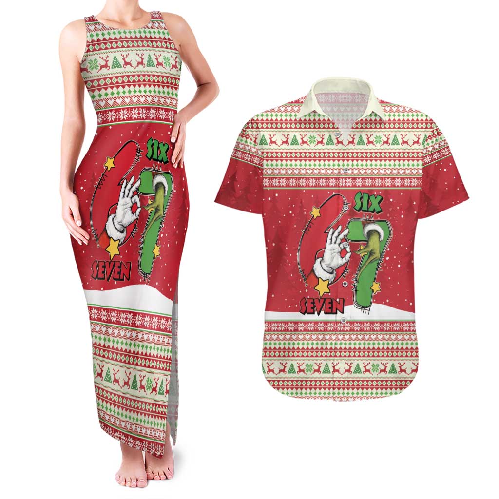 Funny Six Seven Meme Christmas Couples Matching Tank Maxi Dress and Hawaiian Shirt Merry 67 Mas - Wonder Print Shop