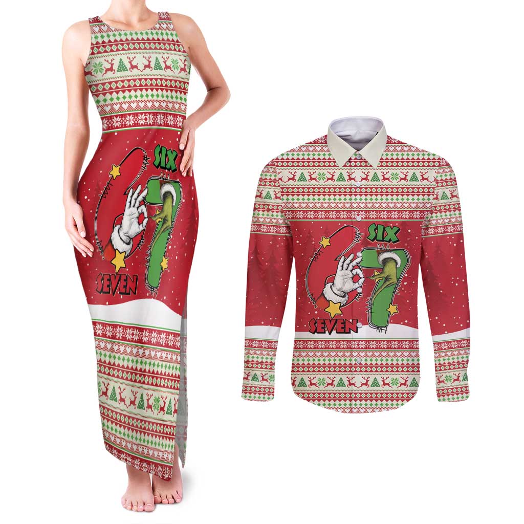 Funny Six Seven Meme Christmas Couples Matching Tank Maxi Dress and Long Sleeve Button Shirt Merry 67 Mas - Wonder Print Shop