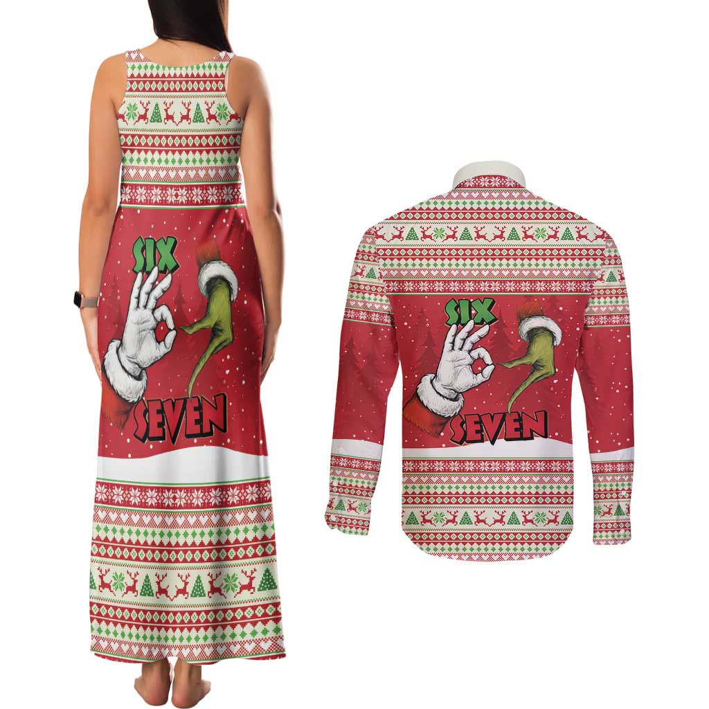 Funny Six Seven Meme Christmas Couples Matching Tank Maxi Dress and Long Sleeve Button Shirt Merry 67 Mas - Wonder Print Shop