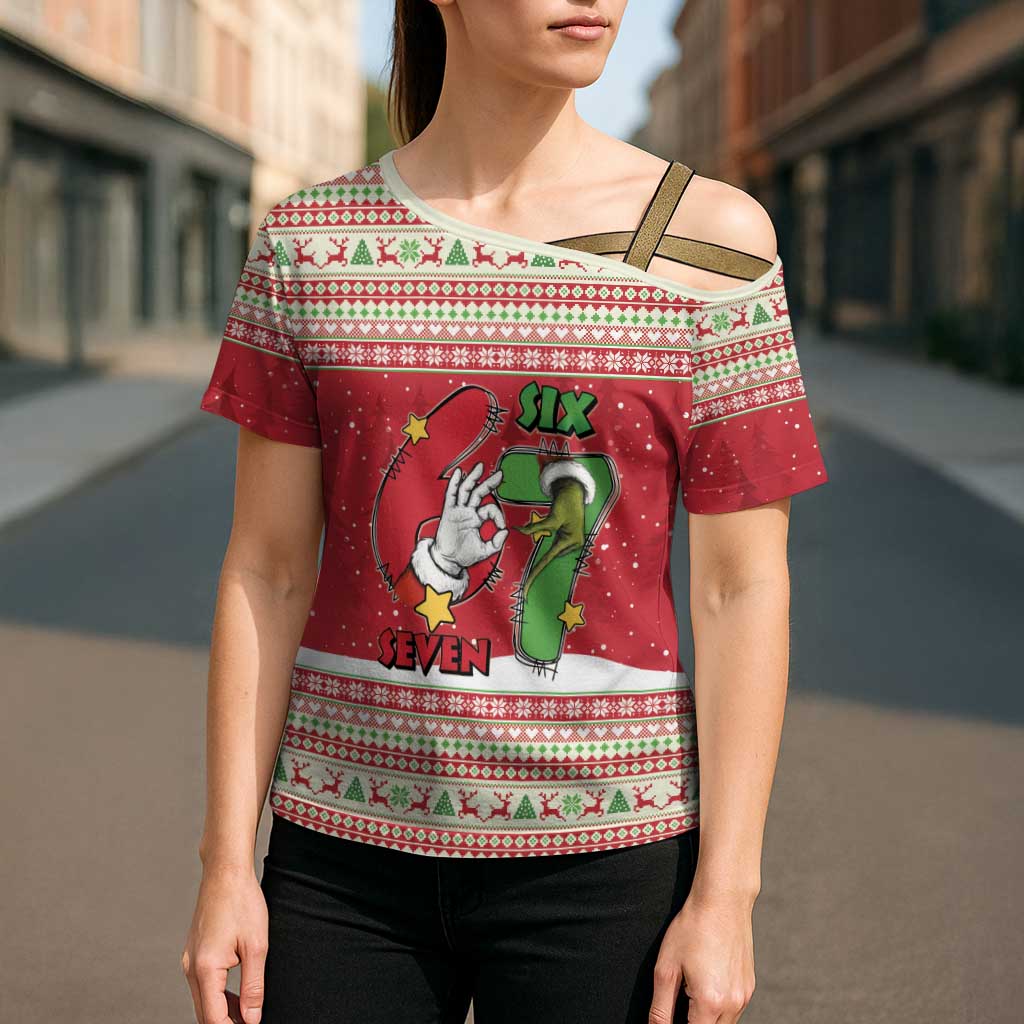 Funny Six Seven Meme Christmas Cross Shoulder Shirt Merry 67 Mas - Wonder Print Shop