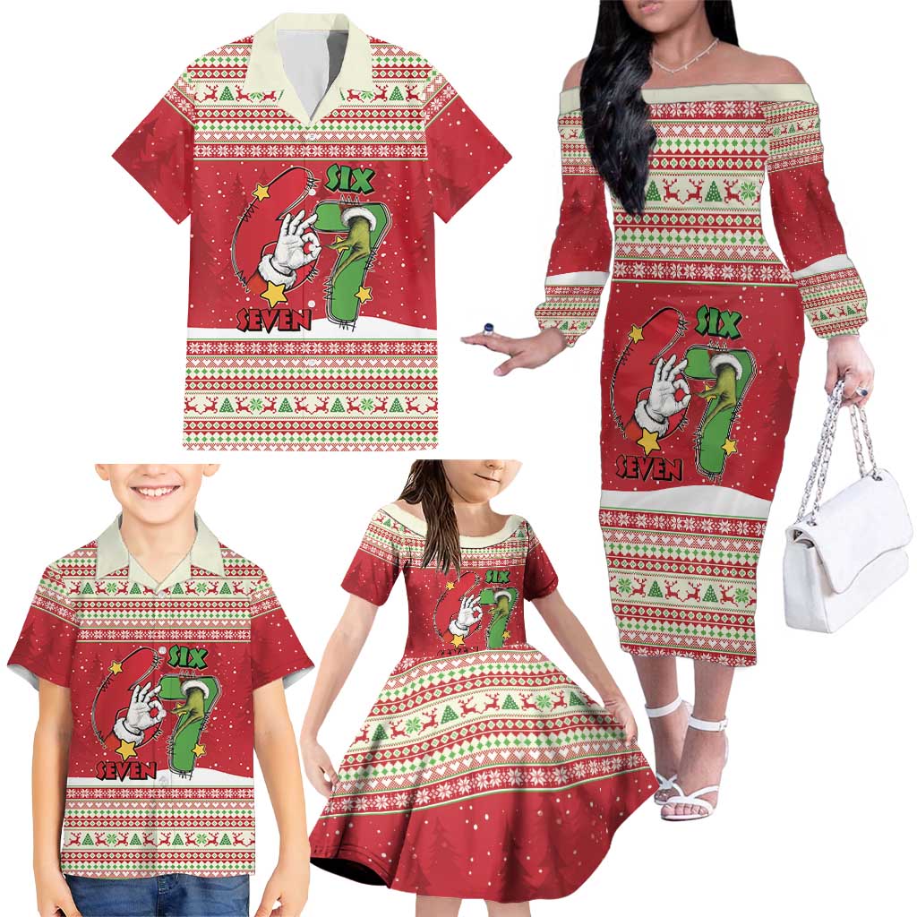 Funny Six Seven Meme Christmas Family Matching Off The Shoulder Long Sleeve Dress and Hawaiian Shirt Merry 67 Mas - Wonder Print Shop