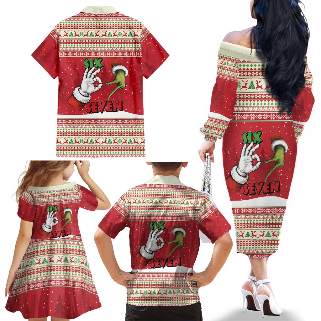 Funny Six Seven Meme Christmas Family Matching Off The Shoulder Long Sleeve Dress and Hawaiian Shirt Merry 67 Mas - Wonder Print Shop