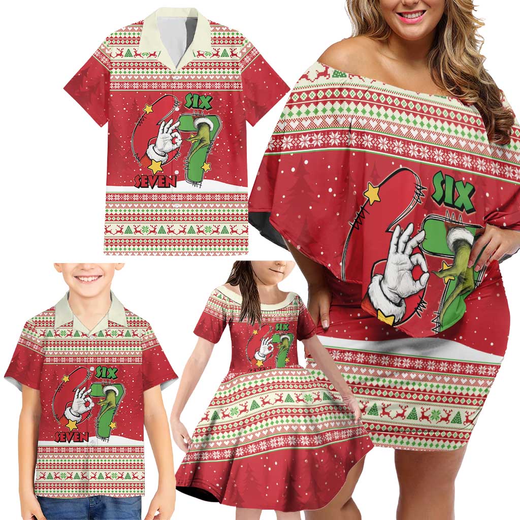 Funny Six Seven Meme Christmas Family Matching Off Shoulder Short Dress and Hawaiian Shirt Merry 67 Mas - Wonder Print Shop