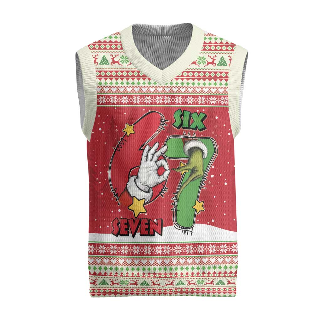 Funny Six Seven Meme Christmas Knitted V-Neck Vest Merry 67 Mas - Wonder Print Shop