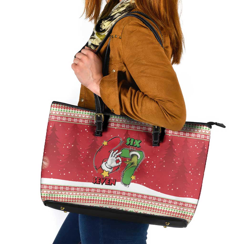Funny Six Seven Meme Christmas Leather Tote Bag Merry 67 Mas - Wonder Print Shop