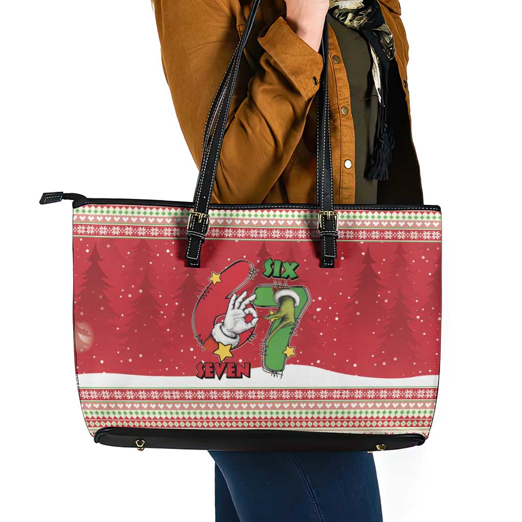 Funny Six Seven Meme Christmas Leather Tote Bag Merry 67 Mas - Wonder Print Shop