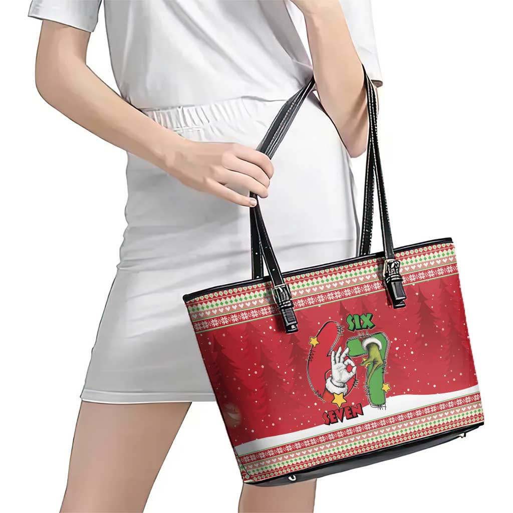 Funny Six Seven Meme Christmas Leather Tote Bag Merry 67 Mas - Wonder Print Shop