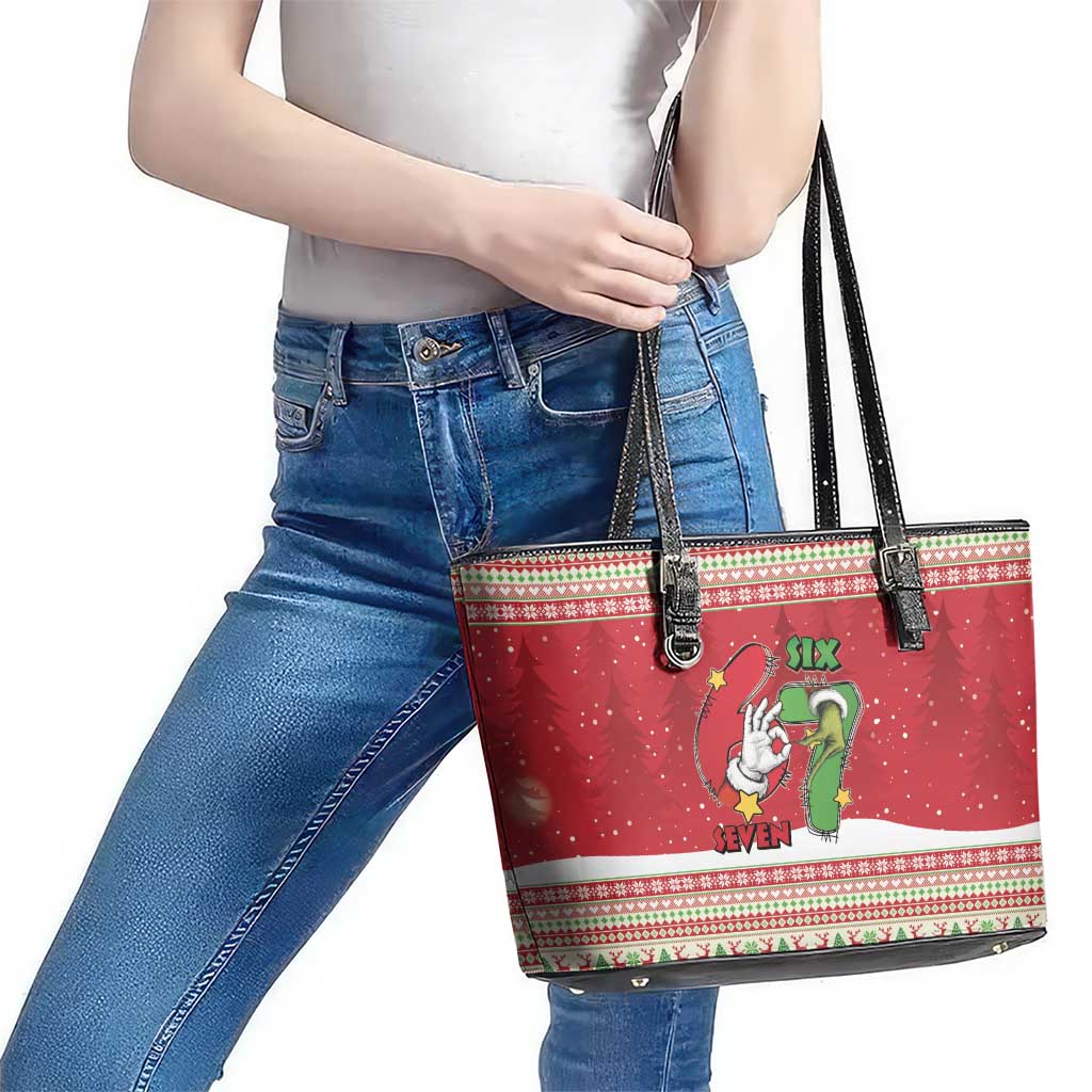 Funny Six Seven Meme Christmas Leather Tote Bag Merry 67 Mas - Wonder Print Shop
