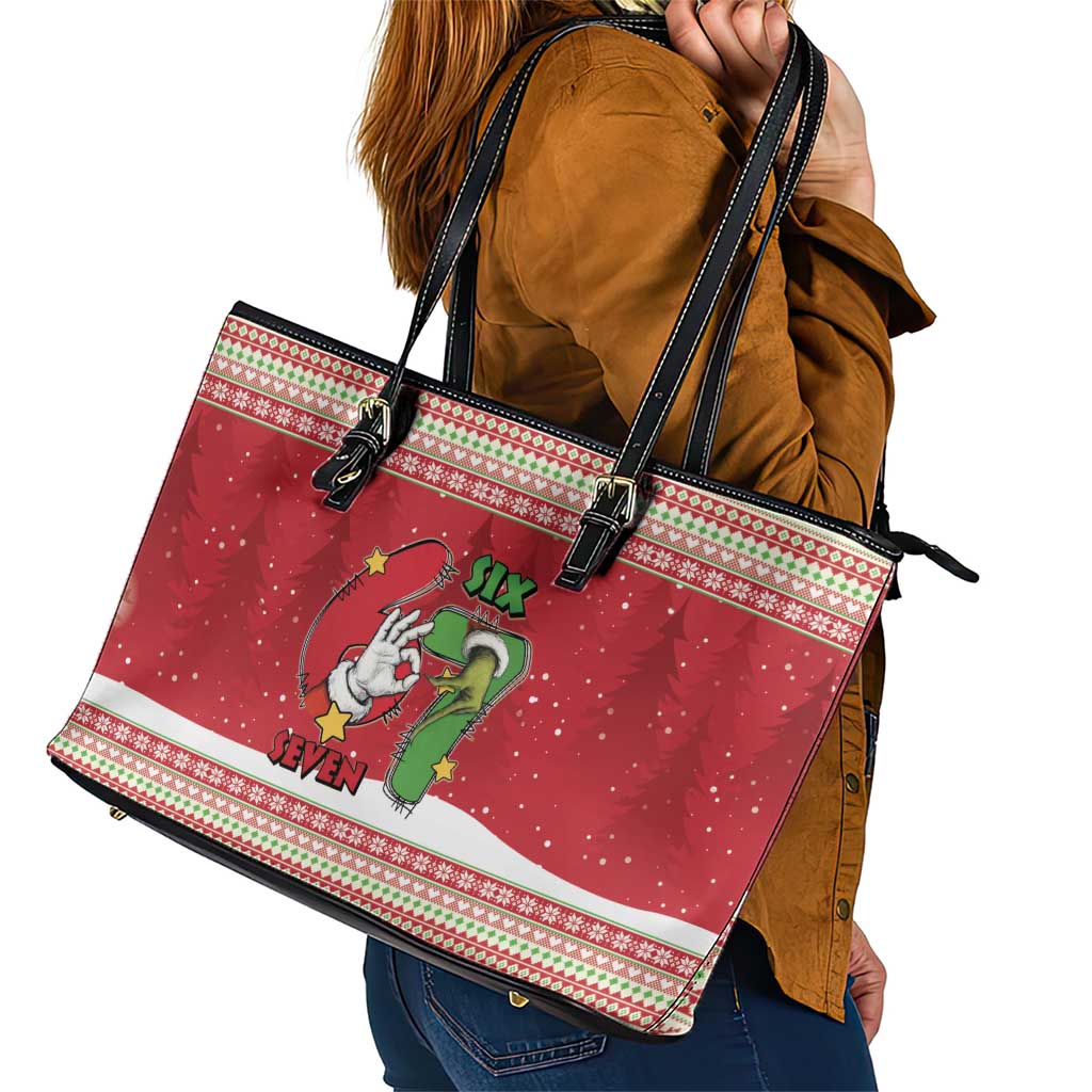 Funny Six Seven Meme Christmas Leather Tote Bag Merry 67 Mas - Wonder Print Shop