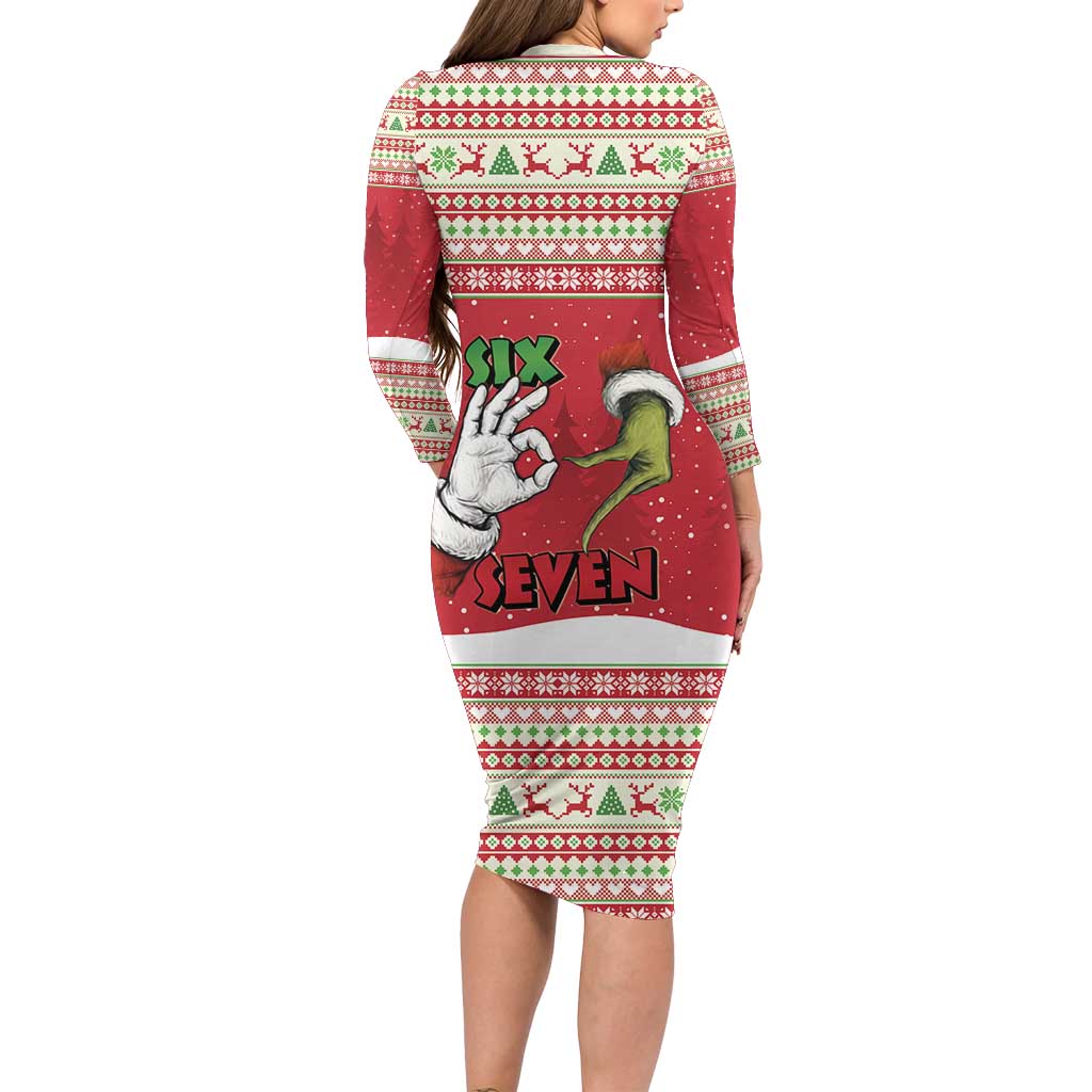 Funny Six Seven Meme Christmas Long Sleeve Bodycon Dress Merry 67 Mas - Wonder Print Shop