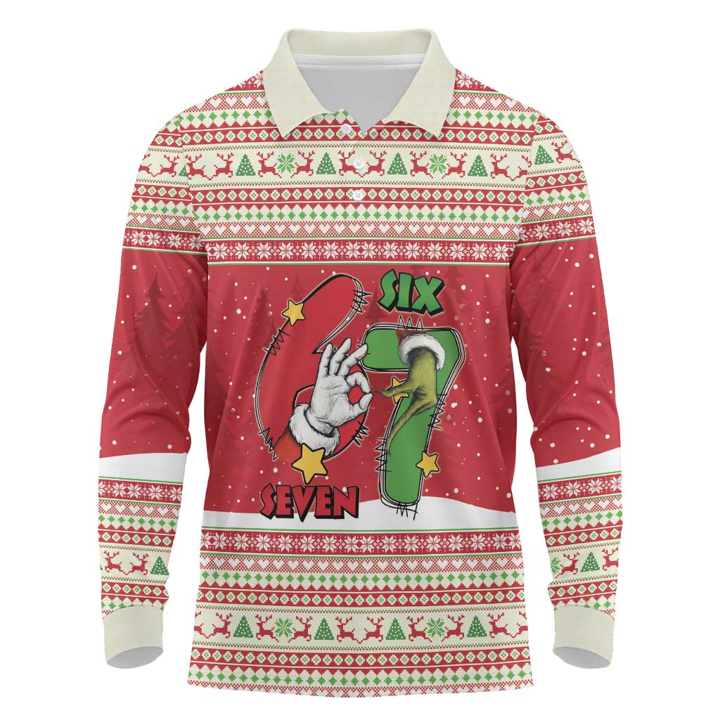 Funny Six Seven Meme Christmas Long Sleeve Polo Shirt Merry 67 Mas - Wonder Print Shop
