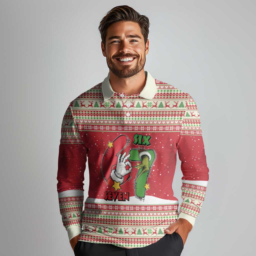 Funny Six Seven Meme Christmas Long Sleeve Polo Shirt Merry 67 Mas - Wonder Print Shop