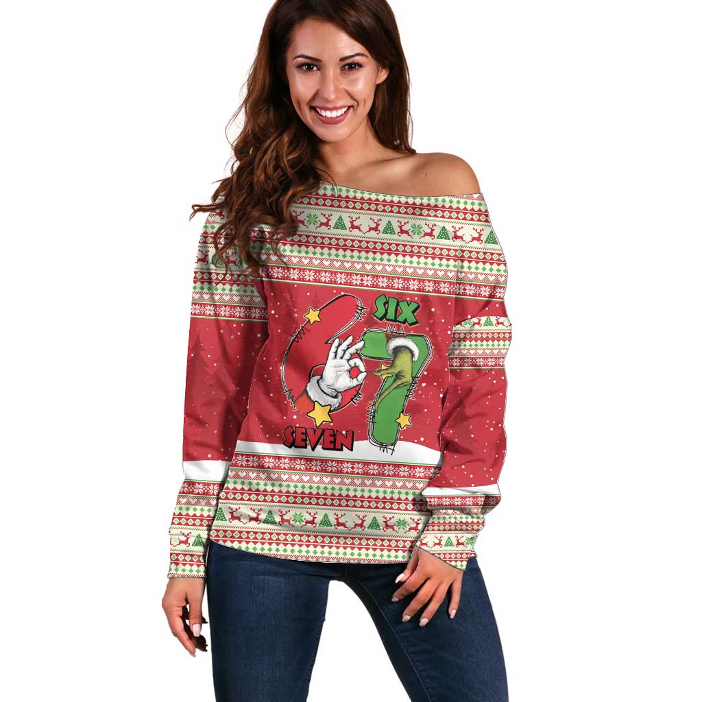 Funny Six Seven Meme Christmas Off Shoulder Sweater Merry 67 Mas - Wonder Print Shop