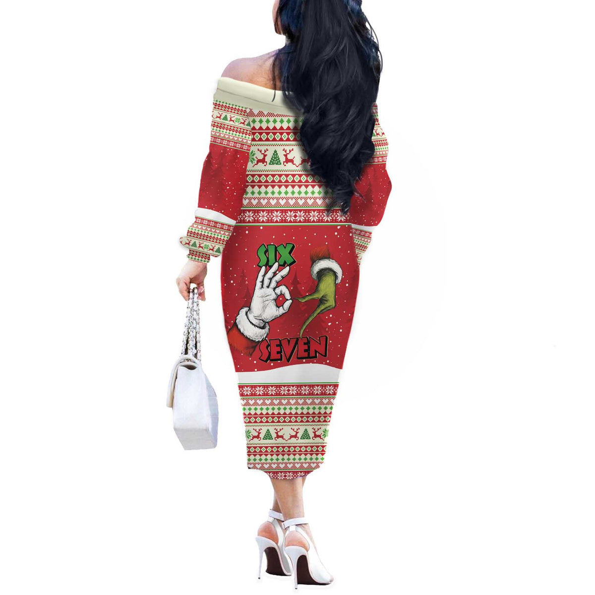 Funny Six Seven Meme Christmas Off The Shoulder Long Sleeve Dress Merry 67 Mas - Wonder Print Shop