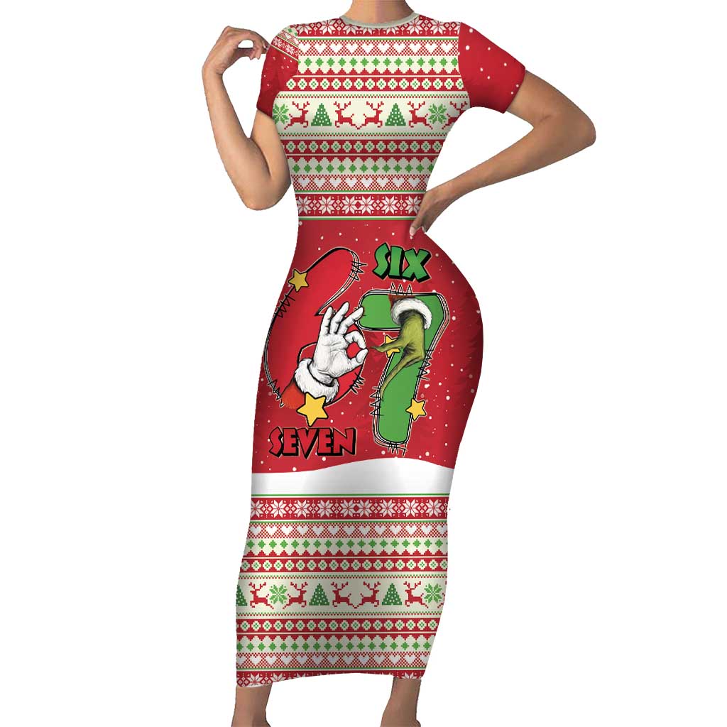 Funny Six Seven Meme Christmas Short Sleeve Bodycon Dress Merry 67 Mas - Wonder Print Shop