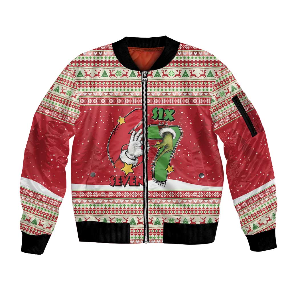 Funny Six Seven Meme Christmas Sleeve Zip Bomber Jacket Merry 67 Mas - Wonder Print Shop