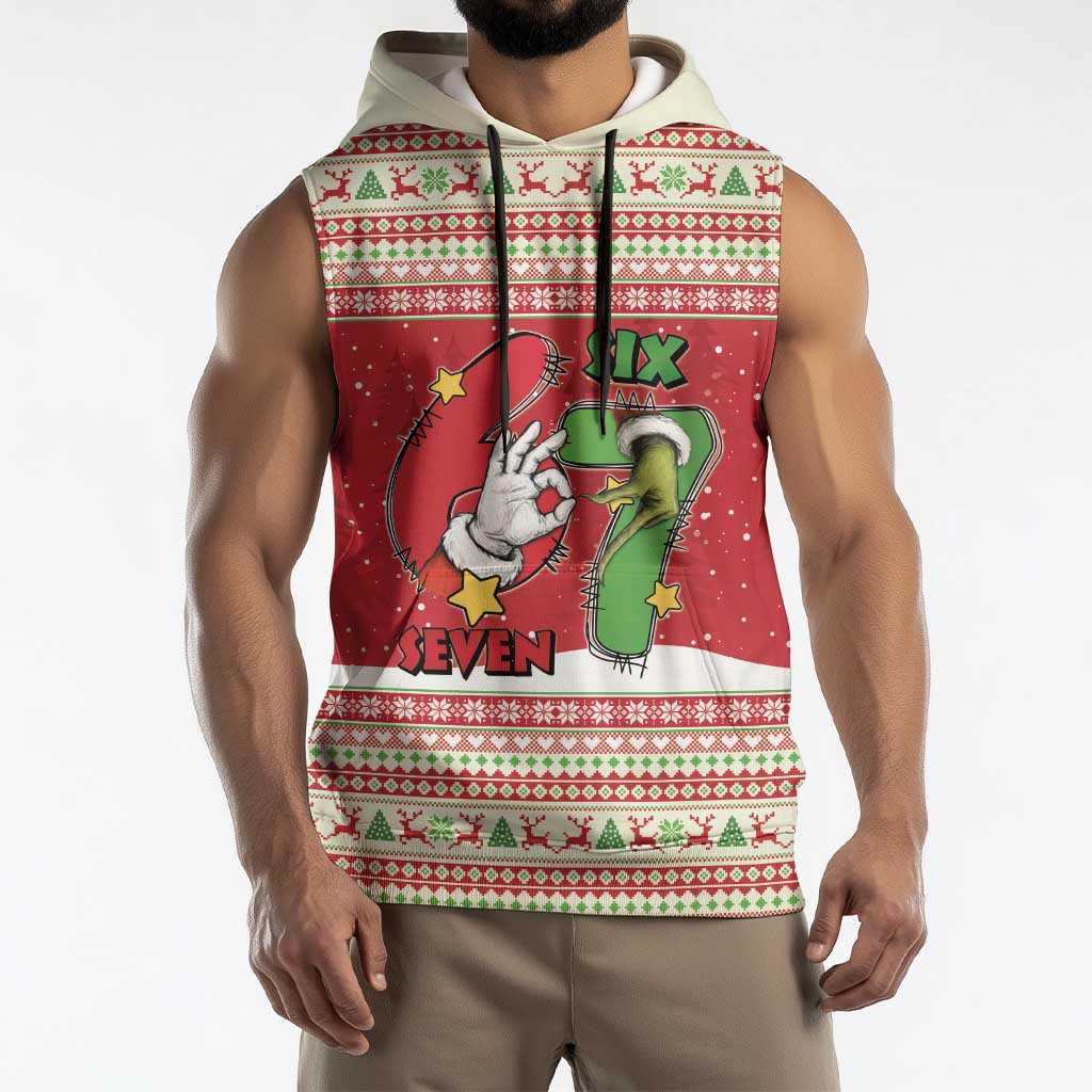 Funny Six Seven Meme Christmas Sleeveless Hoodie Merry 67 Mas - Wonder Print Shop