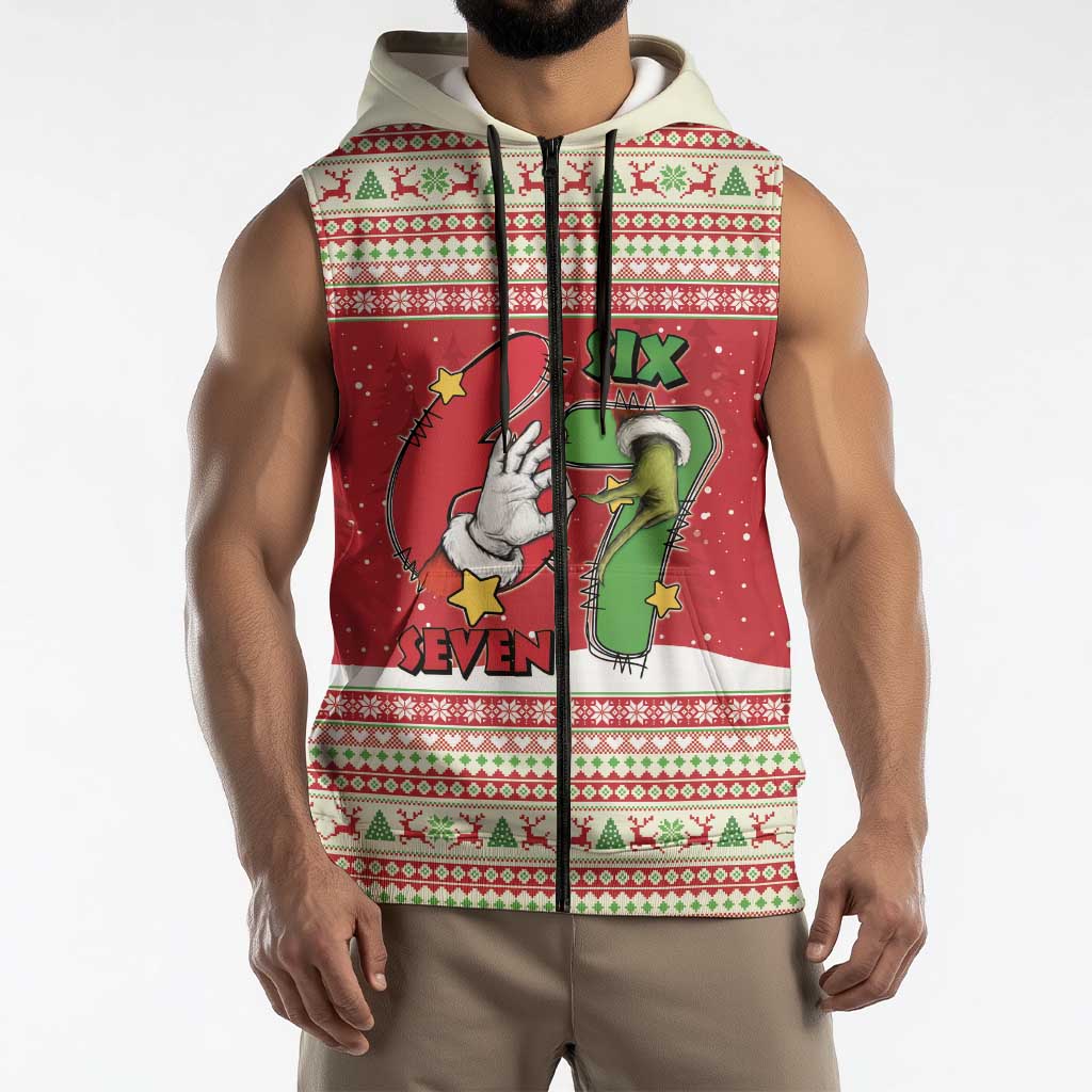 Funny Six Seven Meme Christmas Sleeveless Zip Hoodie Merry 67 Mas - Wonder Print Shop