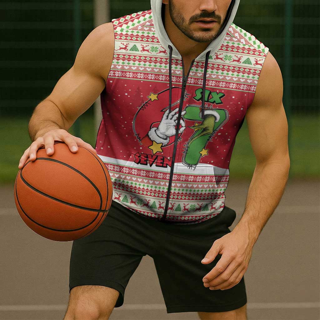 Funny Six Seven Meme Christmas Sleeveless Zip Hoodie Merry 67 Mas - Wonder Print Shop