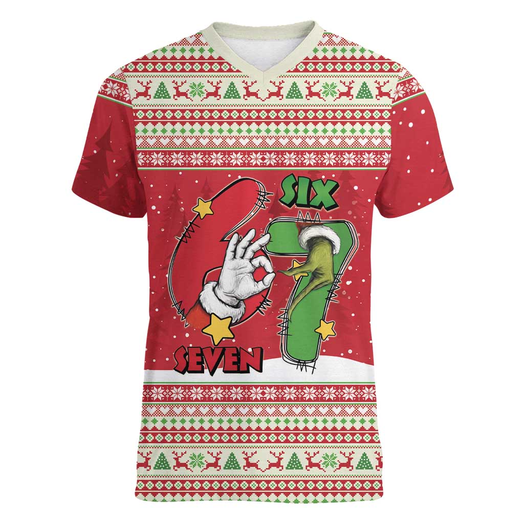 Funny Six Seven Meme Christmas Women V-Neck T-Shirt Merry 67 Mas - Wonder Print Shop