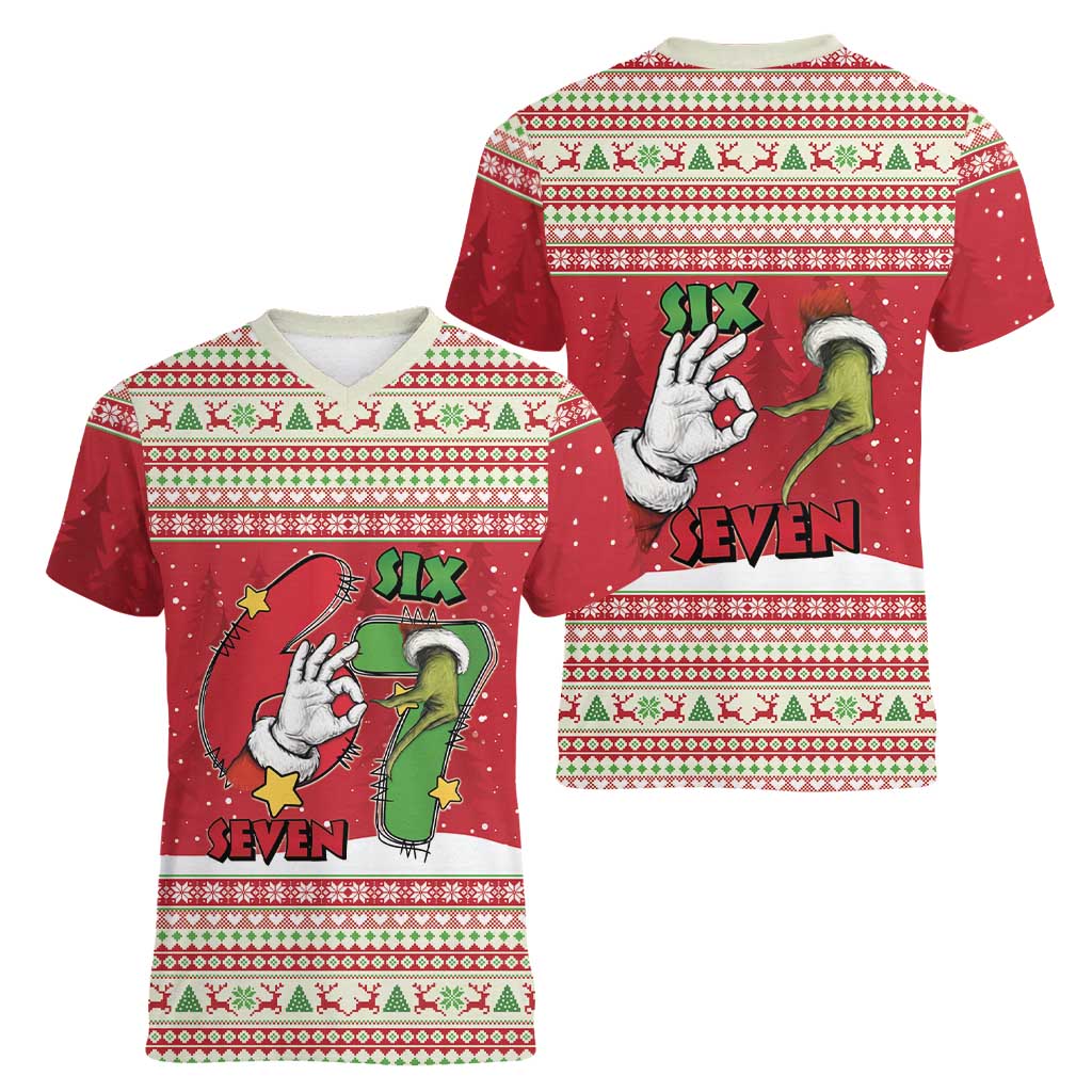 Funny Six Seven Meme Christmas Women V-Neck T-Shirt Merry 67 Mas - Wonder Print Shop