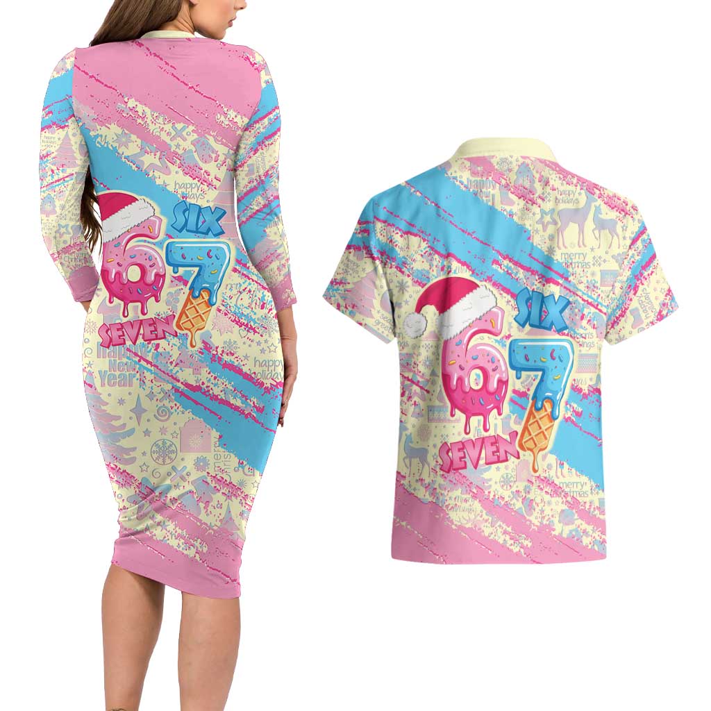 Six Seven Ice Cream Drip Couples Matching Long Sleeve Bodycon Dress and Hawaiian Shirt 67 Funny Christmas Gen Alpha Slang - Wonder Print Shop