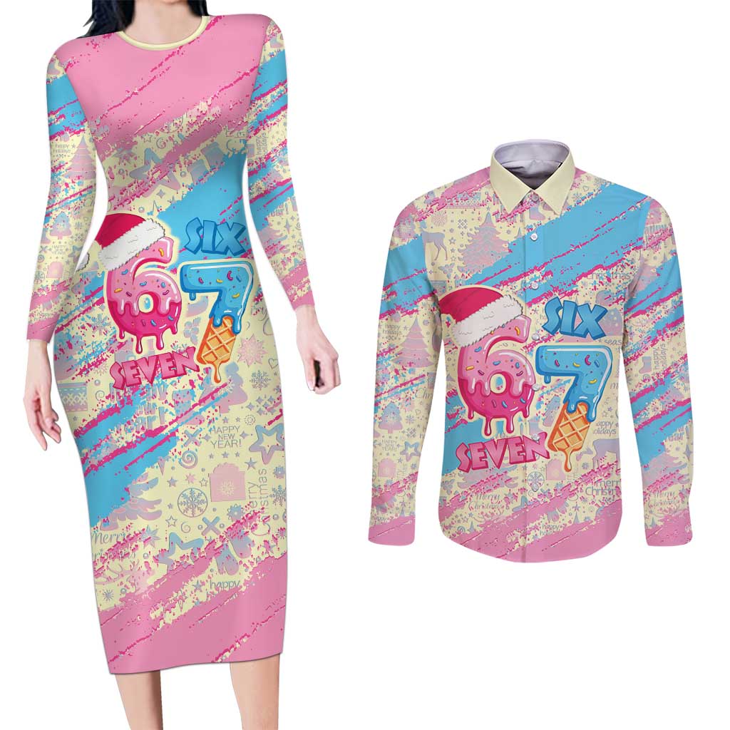 Six Seven Ice Cream Drip Couples Matching Long Sleeve Bodycon Dress and Long Sleeve Button Shirt 67 Funny Christmas Gen Alpha Slang - Wonder Print Shop